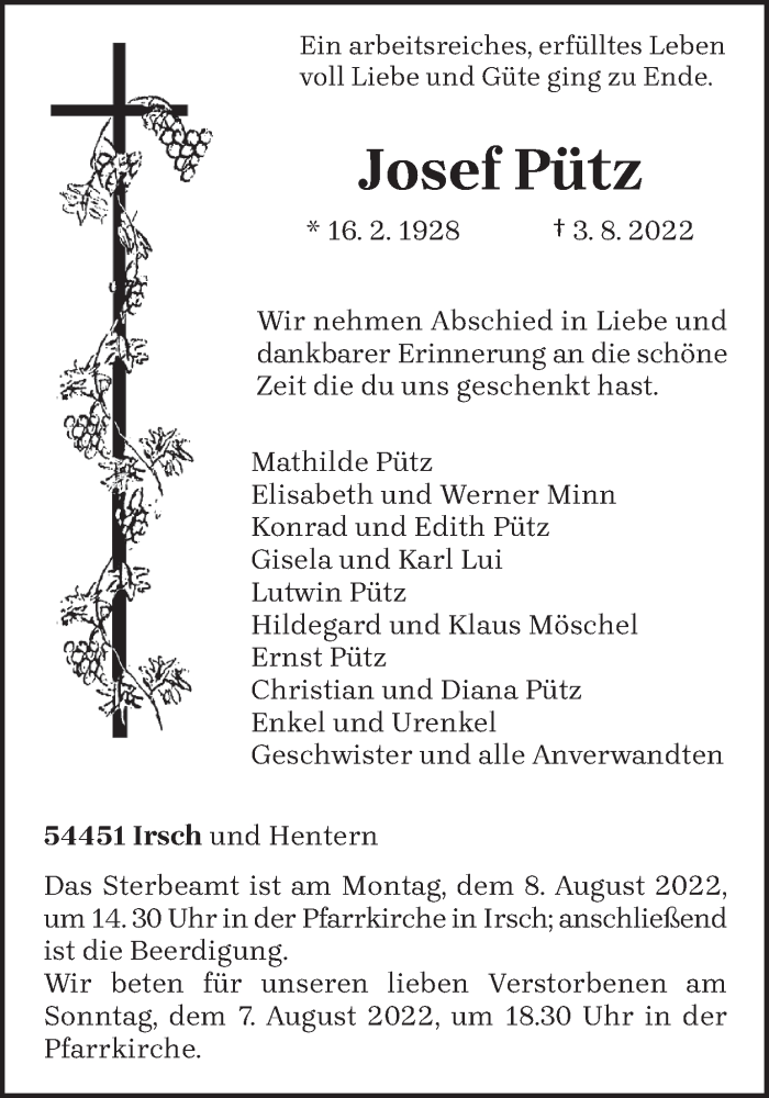  Traueranzeige für Josef Pütz vom 06.08.2022 aus trierischer_volksfreund