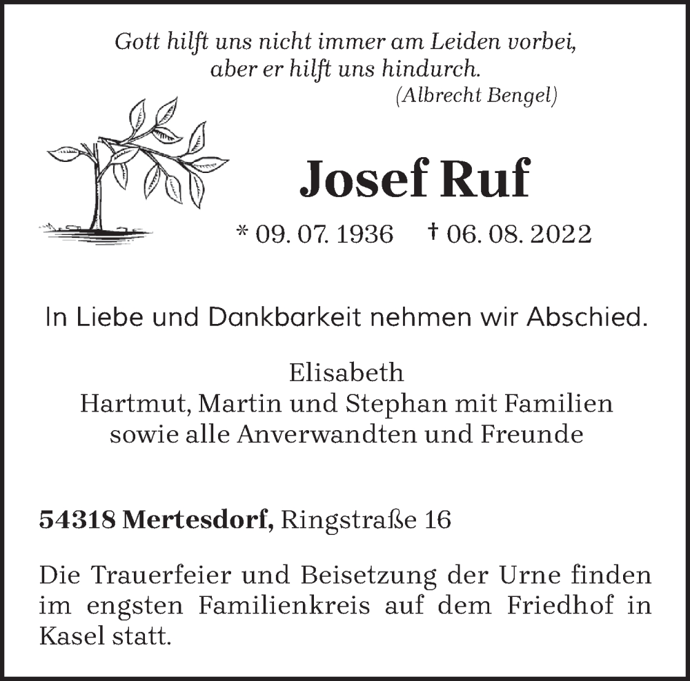  Traueranzeige für Josef Ruf vom 10.08.2022 aus trierischer_volksfreund