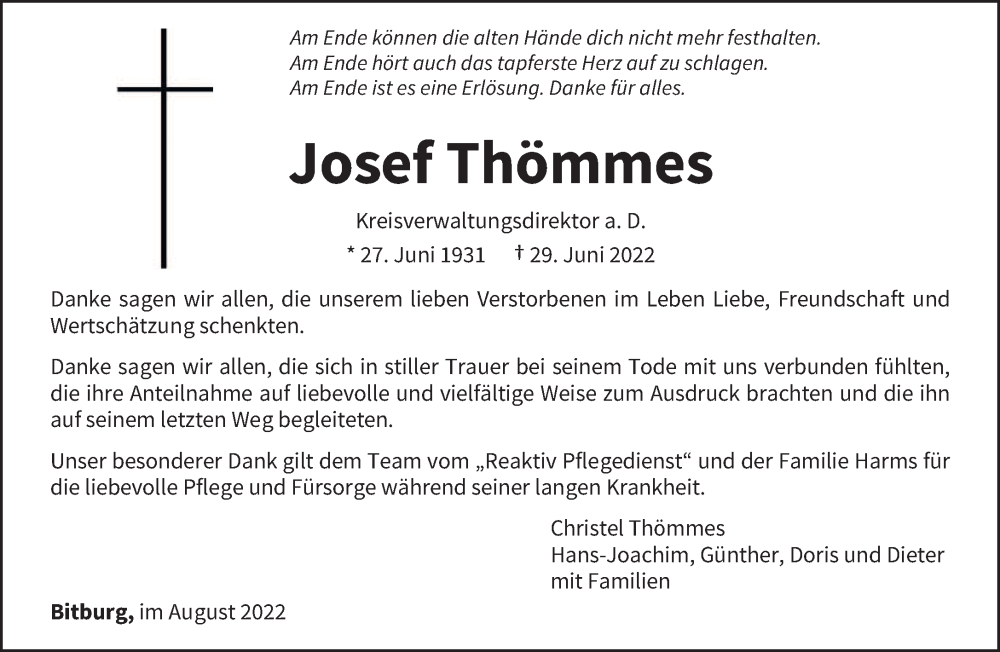  Traueranzeige für Josef Thömmes vom 06.08.2022 aus trierischer_volksfreund