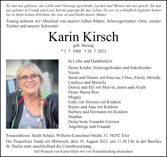 Traueranzeigen Von Karin Kirsch | Volksfreund.Trauer.de