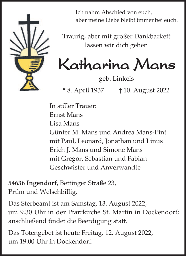  Traueranzeige für Katharina Mans vom 12.08.2022 aus trierischer_volksfreund