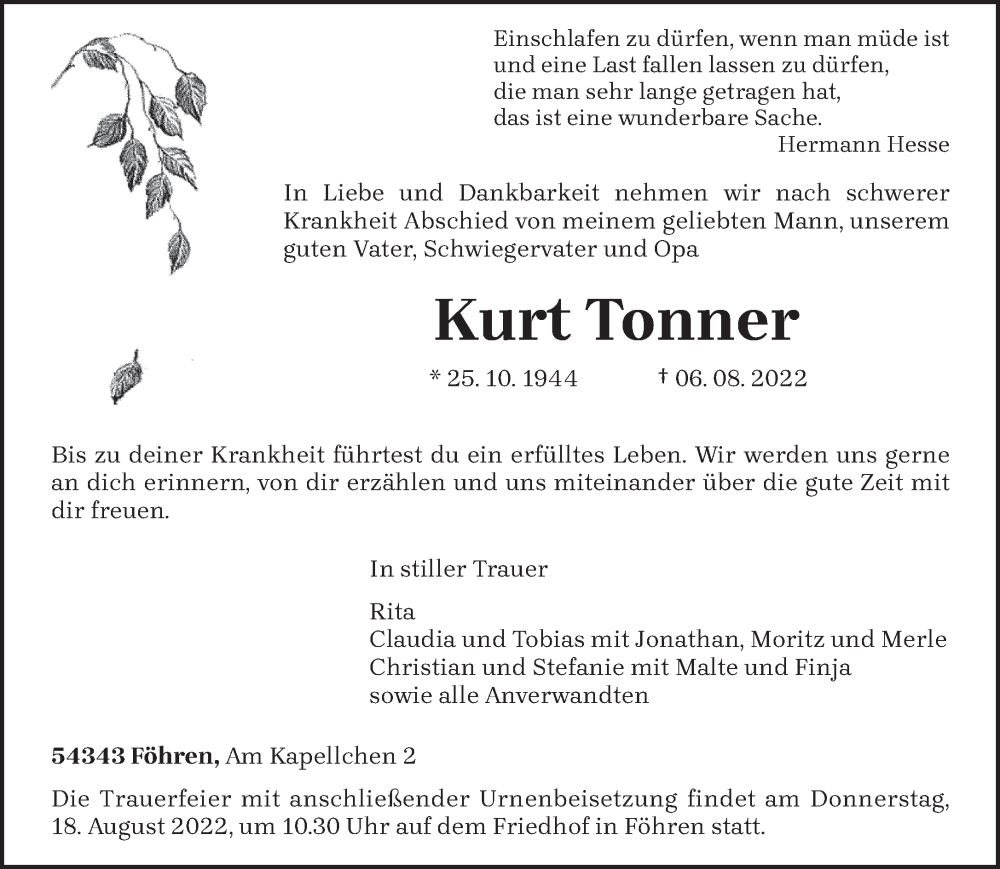  Traueranzeige für Kurt Tonner vom 13.08.2022 aus trierischer_volksfreund
