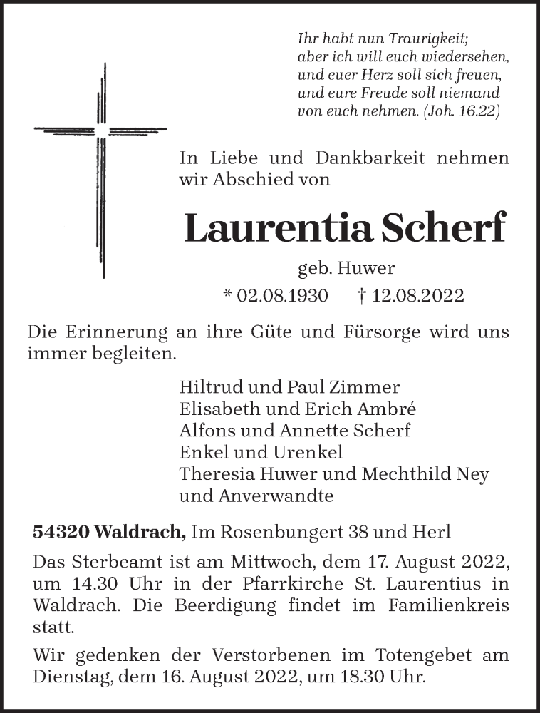 Traueranzeige für Laurentia Scherf vom 15.08.2022 aus trierischer_volksfreund