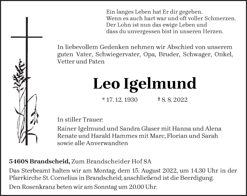  Traueranzeige für Leo Igelmund vom 11.08.2022 aus trierischer_volksfreund