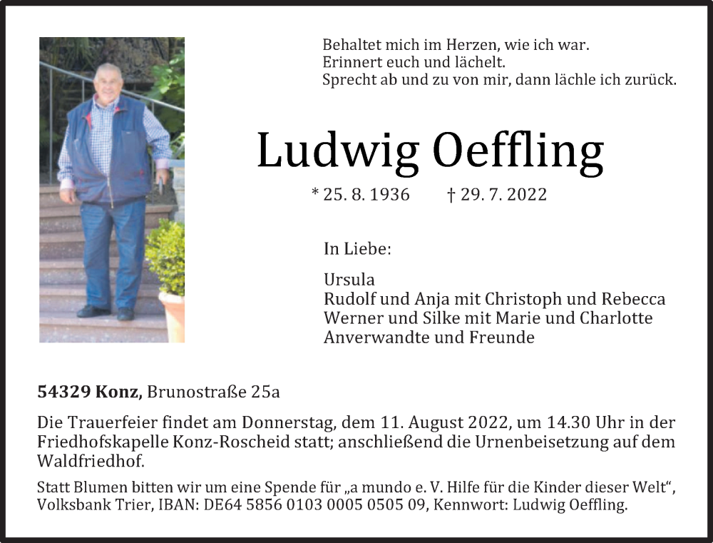  Traueranzeige für Ludwig Oeffling vom 06.08.2022 aus trierischer_volksfreund