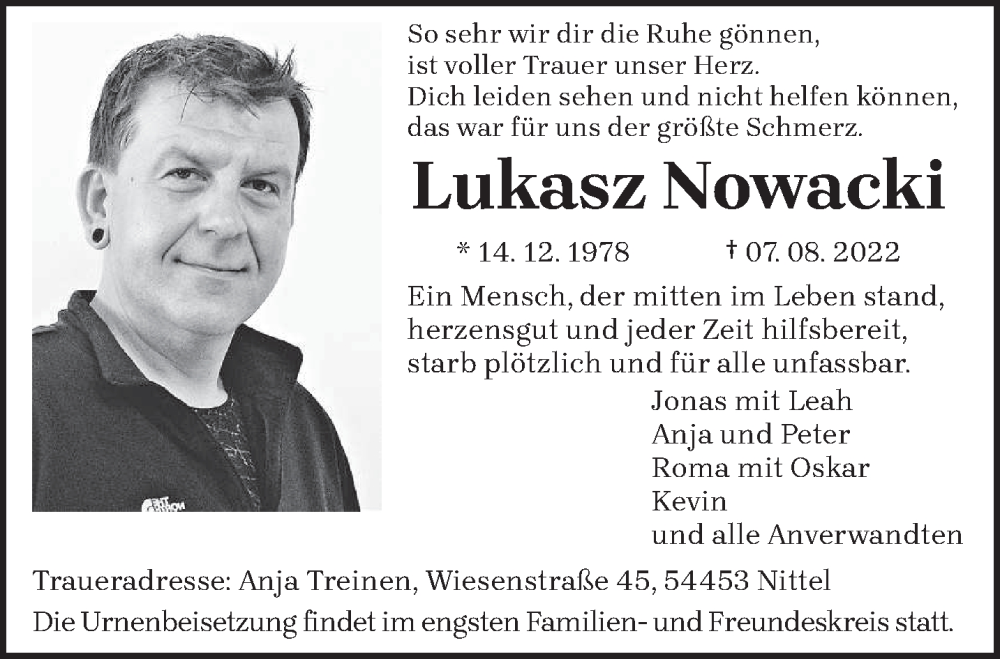  Traueranzeige für Lukasz Nowacki vom 13.08.2022 aus trierischer_volksfreund