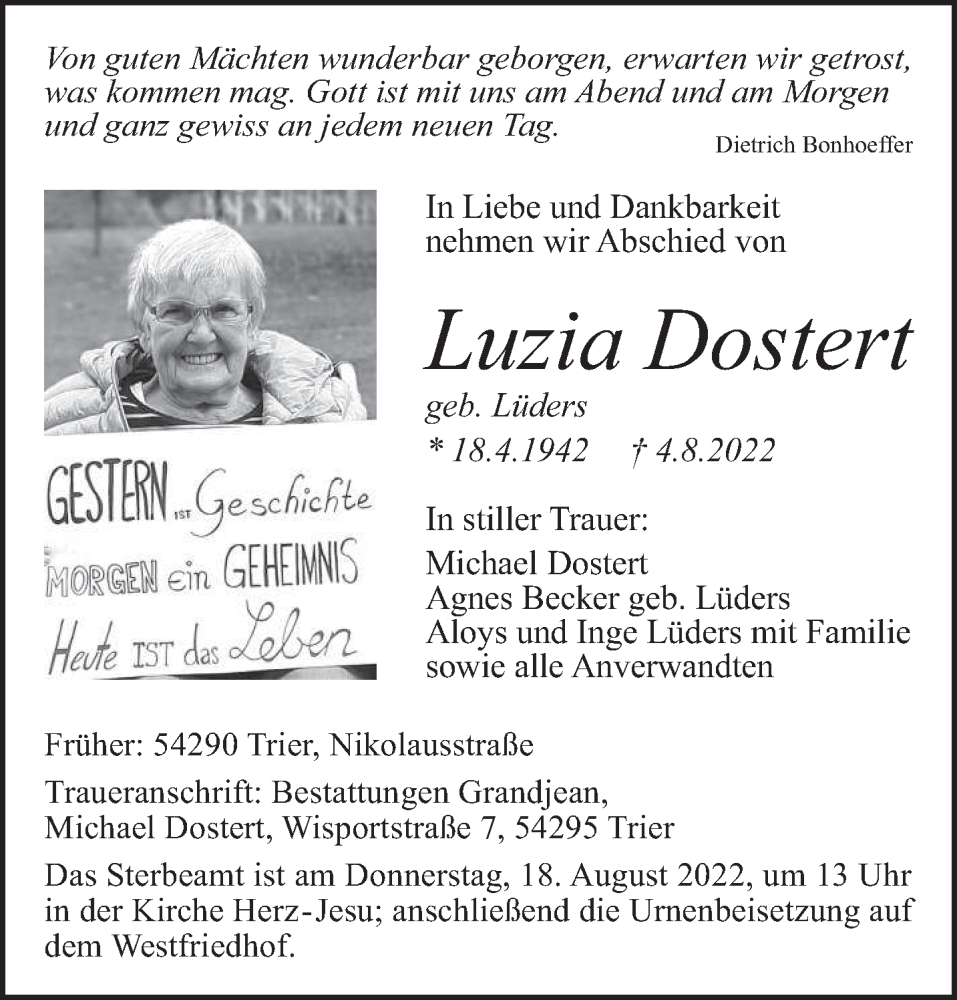  Traueranzeige für Luzia Dostert vom 13.08.2022 aus trierischer_volksfreund