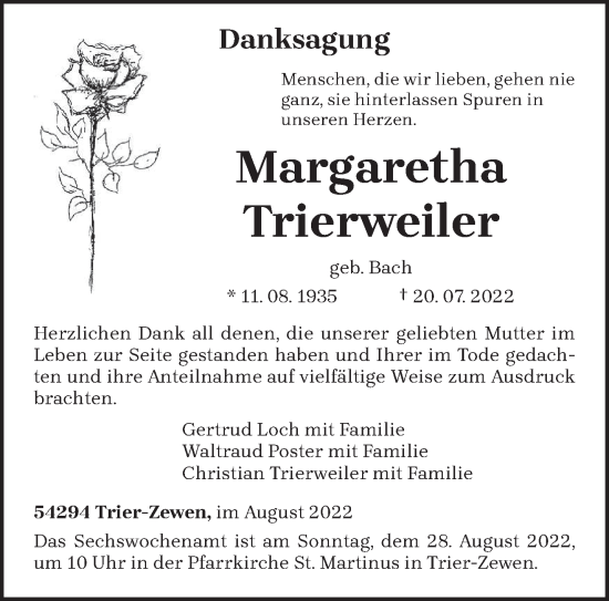 Traueranzeige von Margaretha Trierweiler von trierischer_volksfreund
