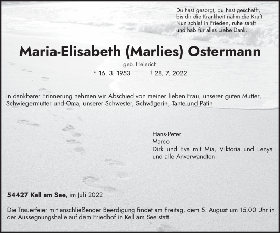 Traueranzeige von Maria-Elisabeth Ostermann von trierischer_volksfreund