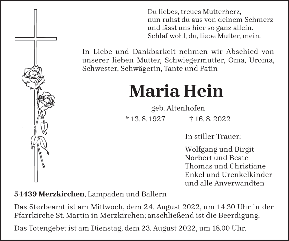  Traueranzeige für Maria Hein vom 19.08.2022 aus trierischer_volksfreund