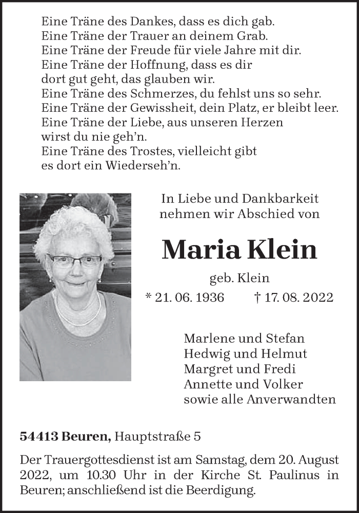  Traueranzeige für Maria Klein vom 18.08.2022 aus trierischer_volksfreund
