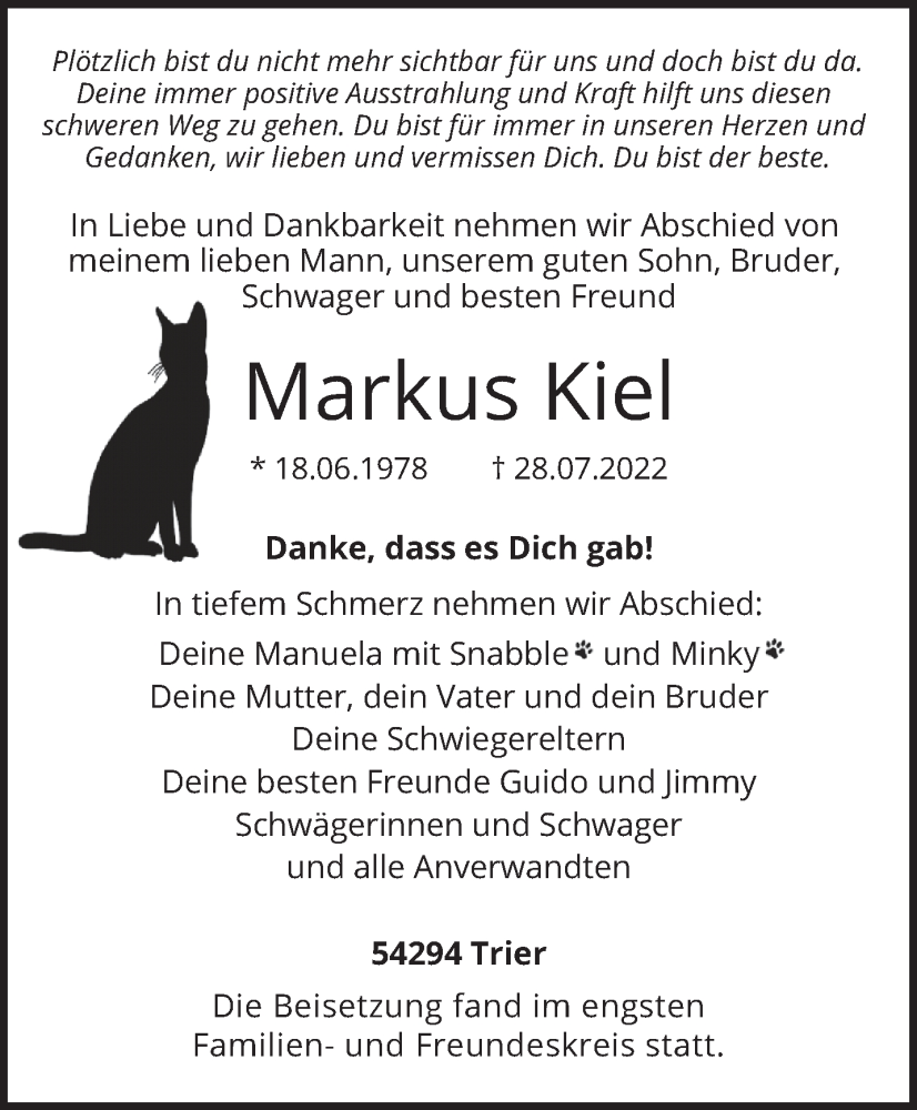  Traueranzeige für Markus Kiel vom 13.08.2022 aus trierischer_volksfreund