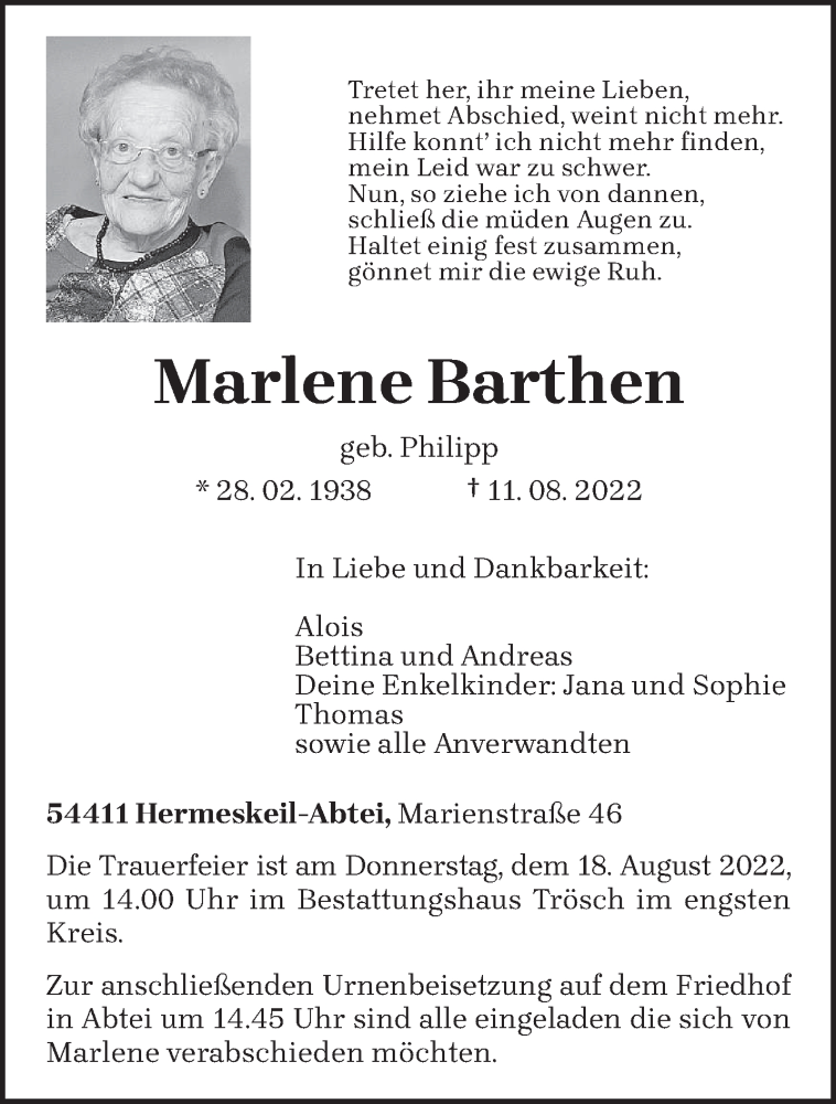  Traueranzeige für Marlene Barthen vom 13.08.2022 aus trierischer_volksfreund