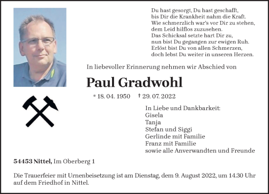 Traueranzeige von Paul Gradwohl von trierischer_volksfreund