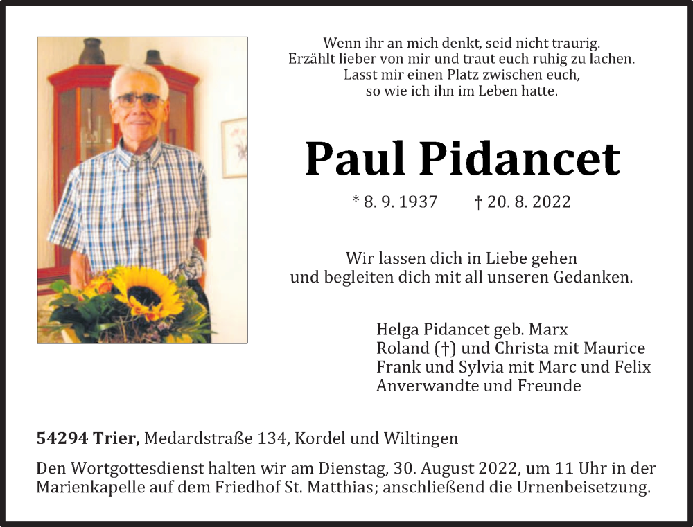  Traueranzeige für Paul Pidancet vom 24.08.2022 aus trierischer_volksfreund