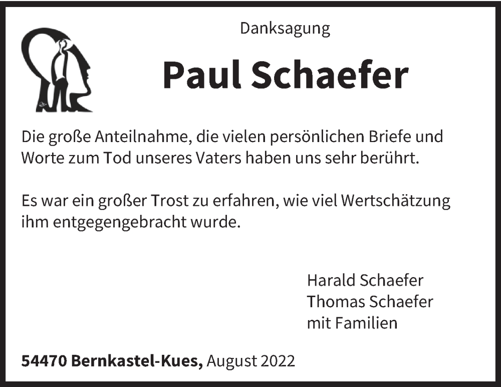  Traueranzeige für Paul Schaefer vom 03.08.2022 aus trierischer_volksfreund