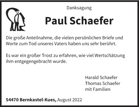 Traueranzeige von Paul Schaefer von trierischer_volksfreund