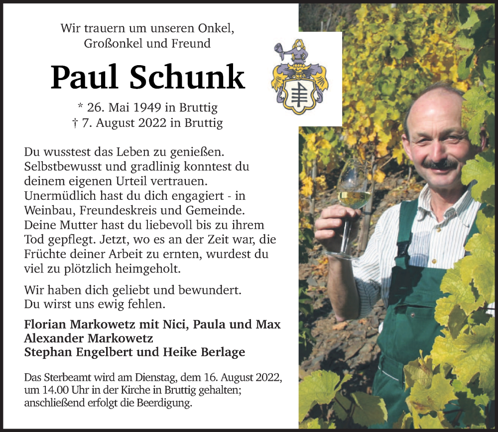 Traueranzeige für Paul Schunk vom 13.08.2022 aus trierischer_volksfreund