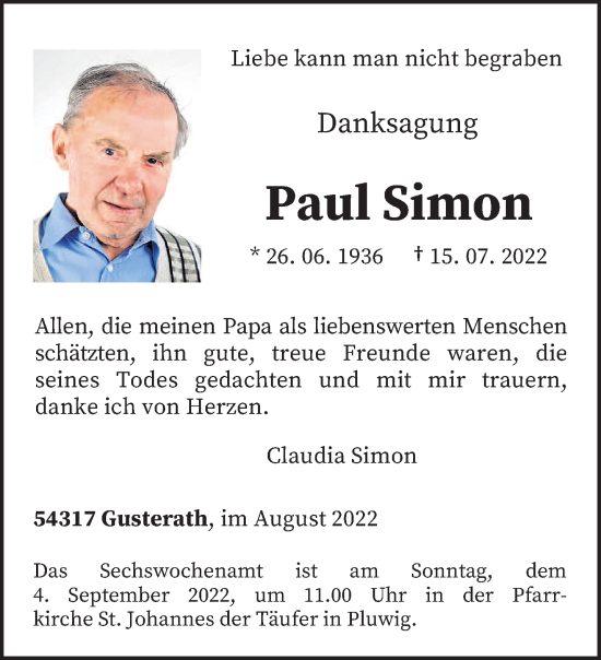 Traueranzeige von Paul Simon von trierischer_volksfreund