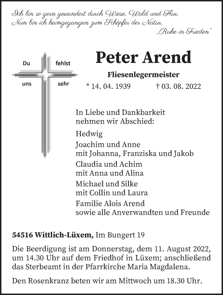  Traueranzeige für Peter Arend vom 06.08.2022 aus trierischer_volksfreund