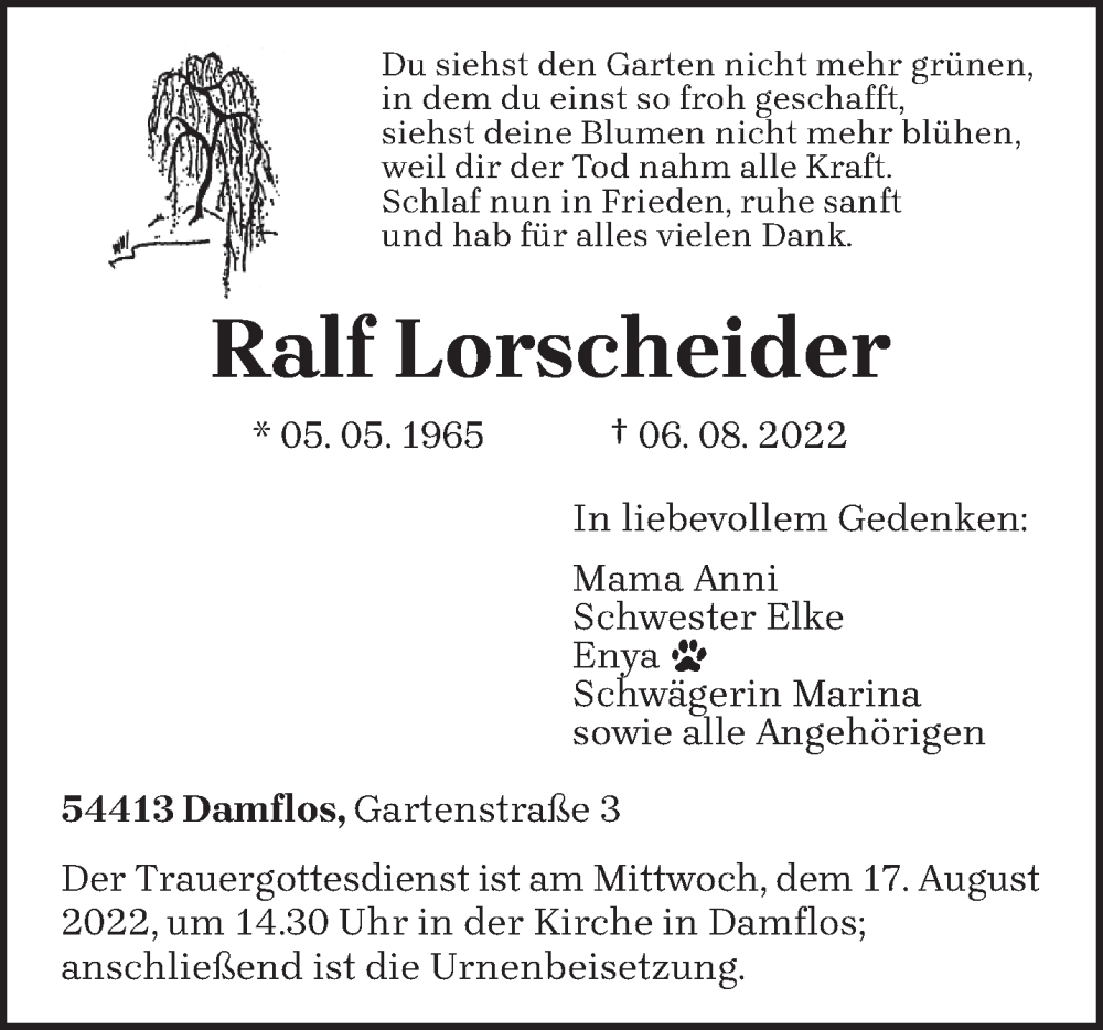  Traueranzeige für Ralf Lorscheider vom 10.08.2022 aus trierischer_volksfreund