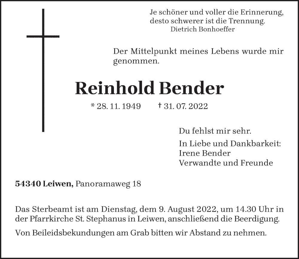  Traueranzeige für Reinhold Bender vom 05.08.2022 aus trierischer_volksfreund