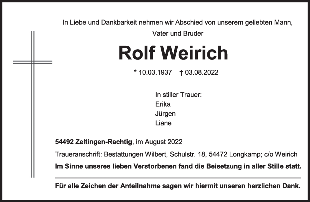  Traueranzeige für Rolf Weirich vom 06.08.2022 aus trierischer_volksfreund