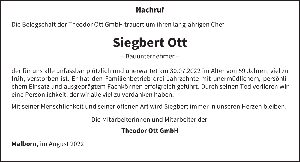  Traueranzeige für Siegbert Ott vom 03.08.2022 aus trierischer_volksfreund