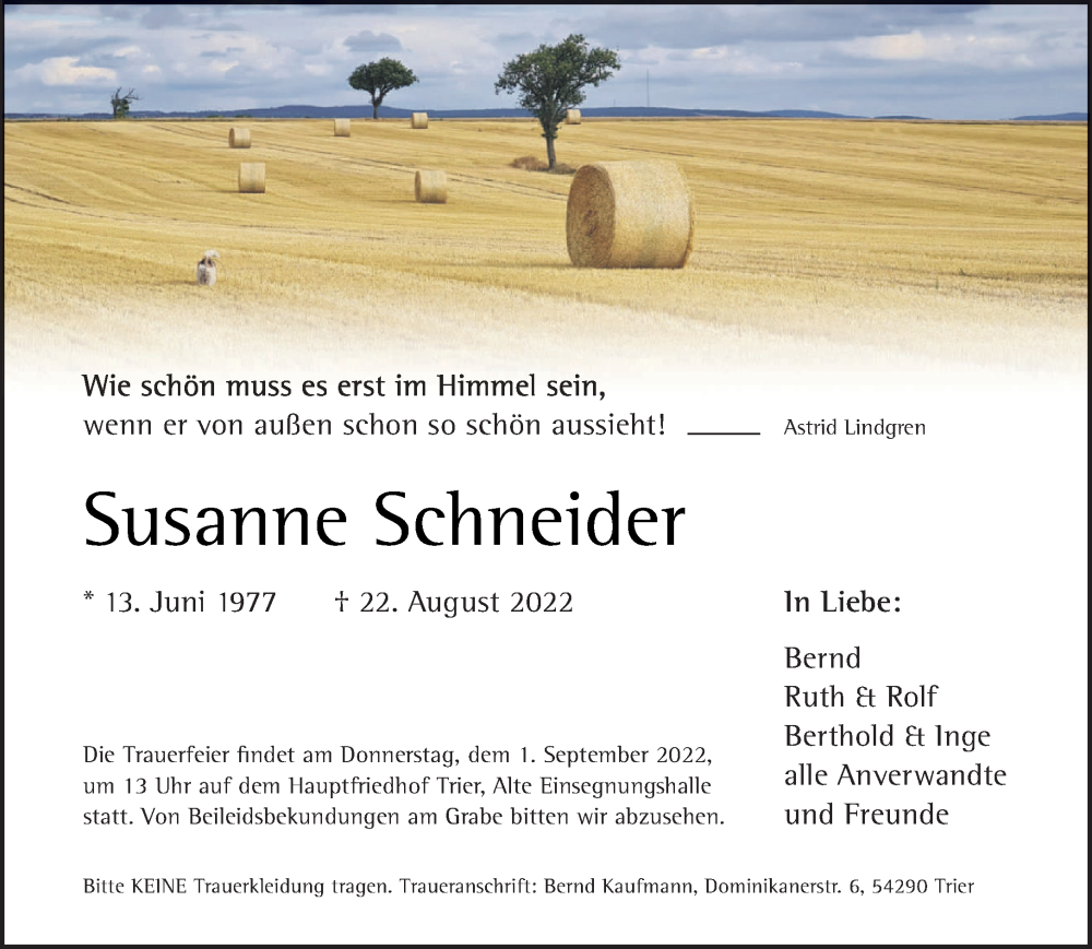  Traueranzeige für Susanne Schneider vom 27.08.2022 aus trierischer_volksfreund
