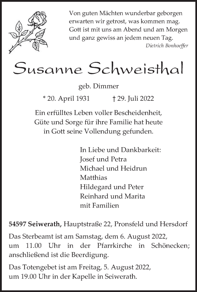  Traueranzeige für Susanne Schweisthal vom 03.08.2022 aus trierischer_volksfreund