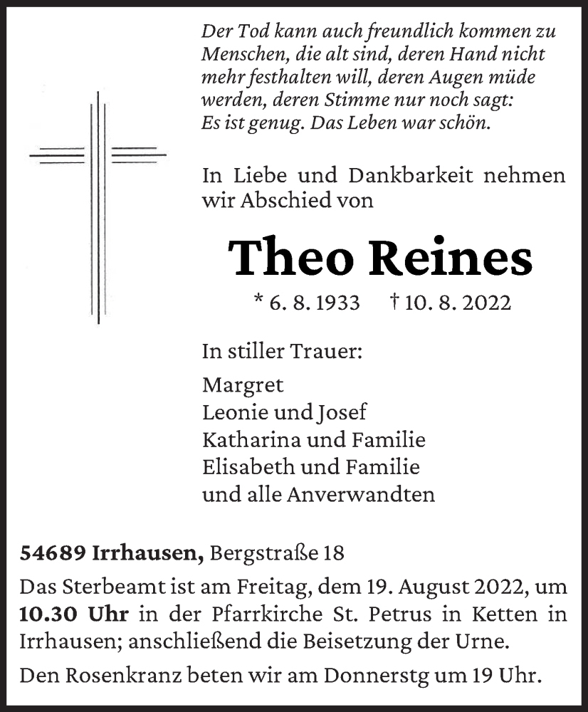  Traueranzeige für Theo Reines vom 13.08.2022 aus trierischer_volksfreund