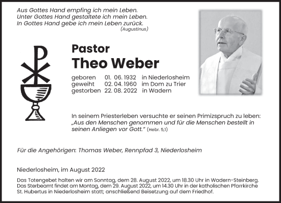 Traueranzeige von Theo Weber von trierischer_volksfreund
