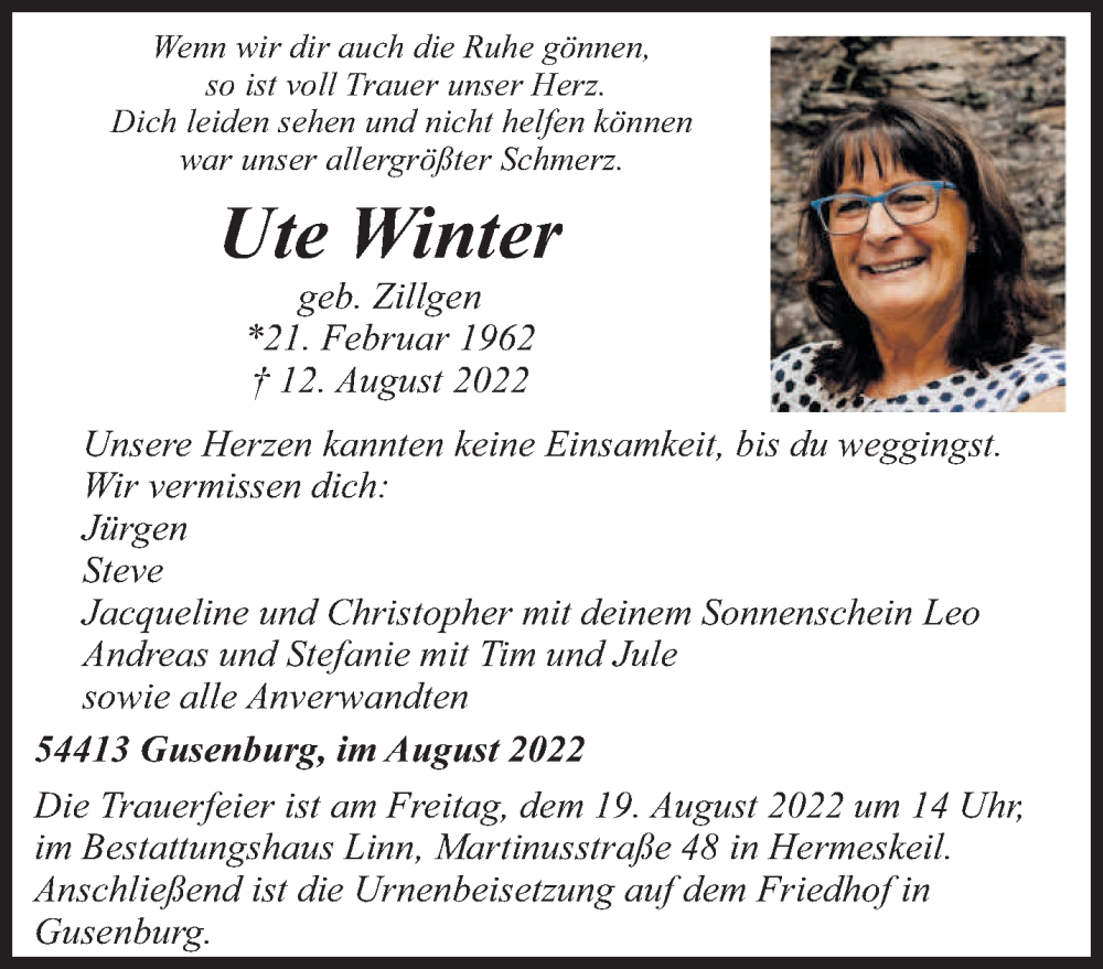  Traueranzeige für Ute Winter vom 17.08.2022 aus trierischer_volksfreund