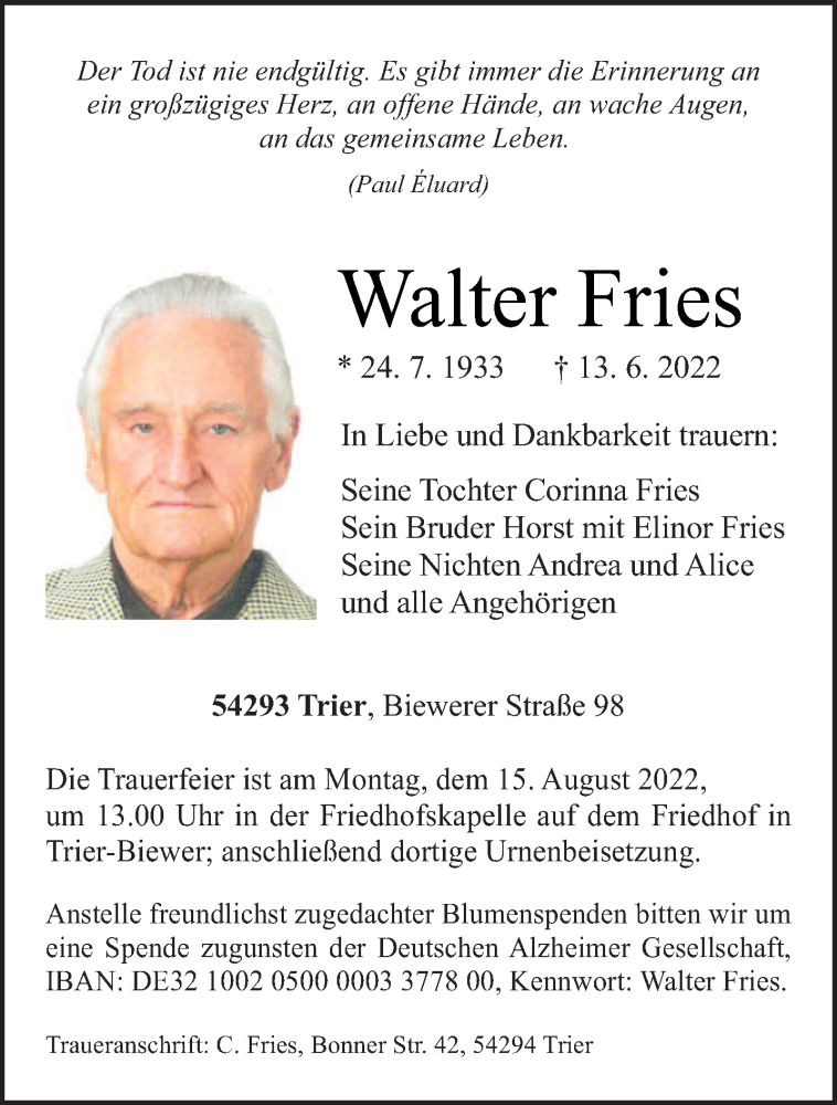  Traueranzeige für Walter Fries vom 10.08.2022 aus trierischer_volksfreund