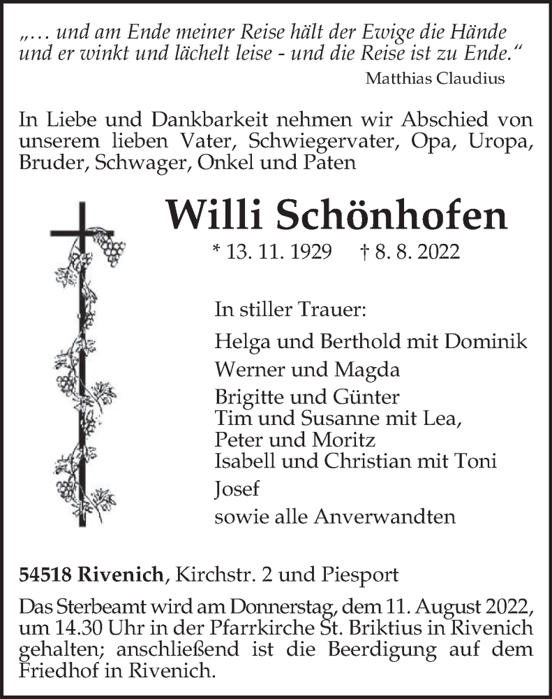  Traueranzeige für Willi Schönhofen vom 10.08.2022 aus trierischer_volksfreund