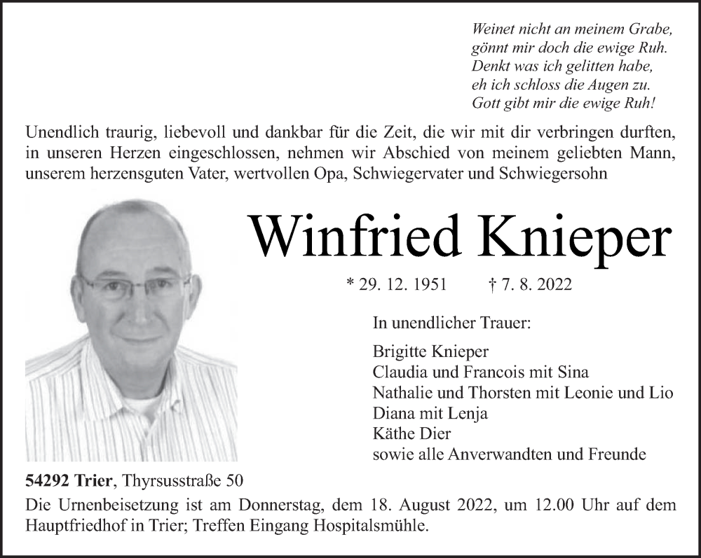  Traueranzeige für Winfried Knieper vom 13.08.2022 aus trierischer_volksfreund