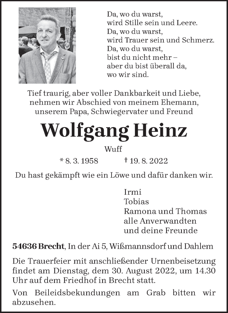  Traueranzeige für Wolfgang Heinz vom 26.08.2022 aus trierischer_volksfreund