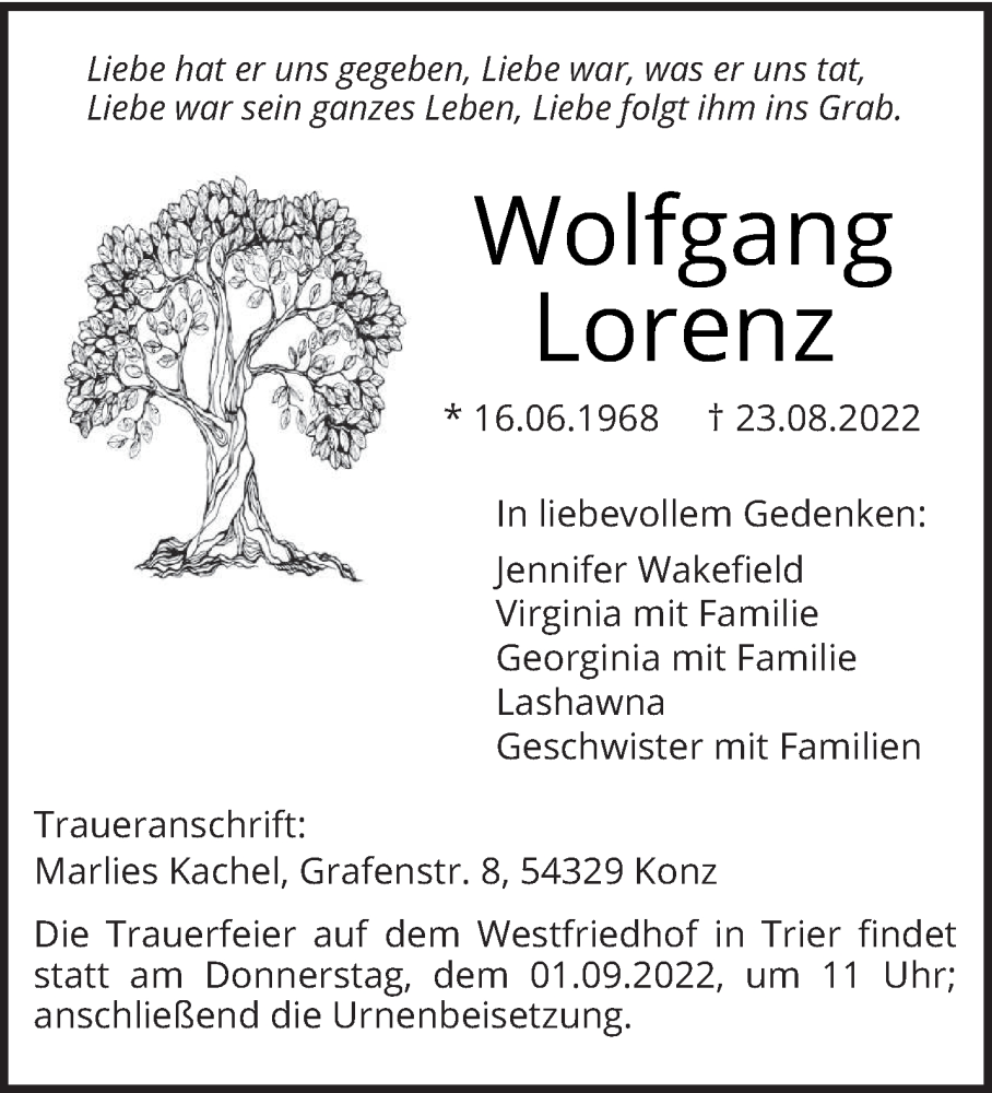  Traueranzeige für Wolfgang Lorenz vom 27.08.2022 aus trierischer_volksfreund