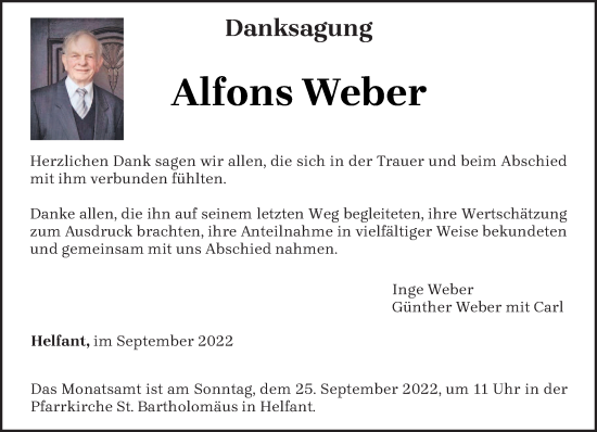 Traueranzeige von Alfons Weber von trierischer_volksfreund