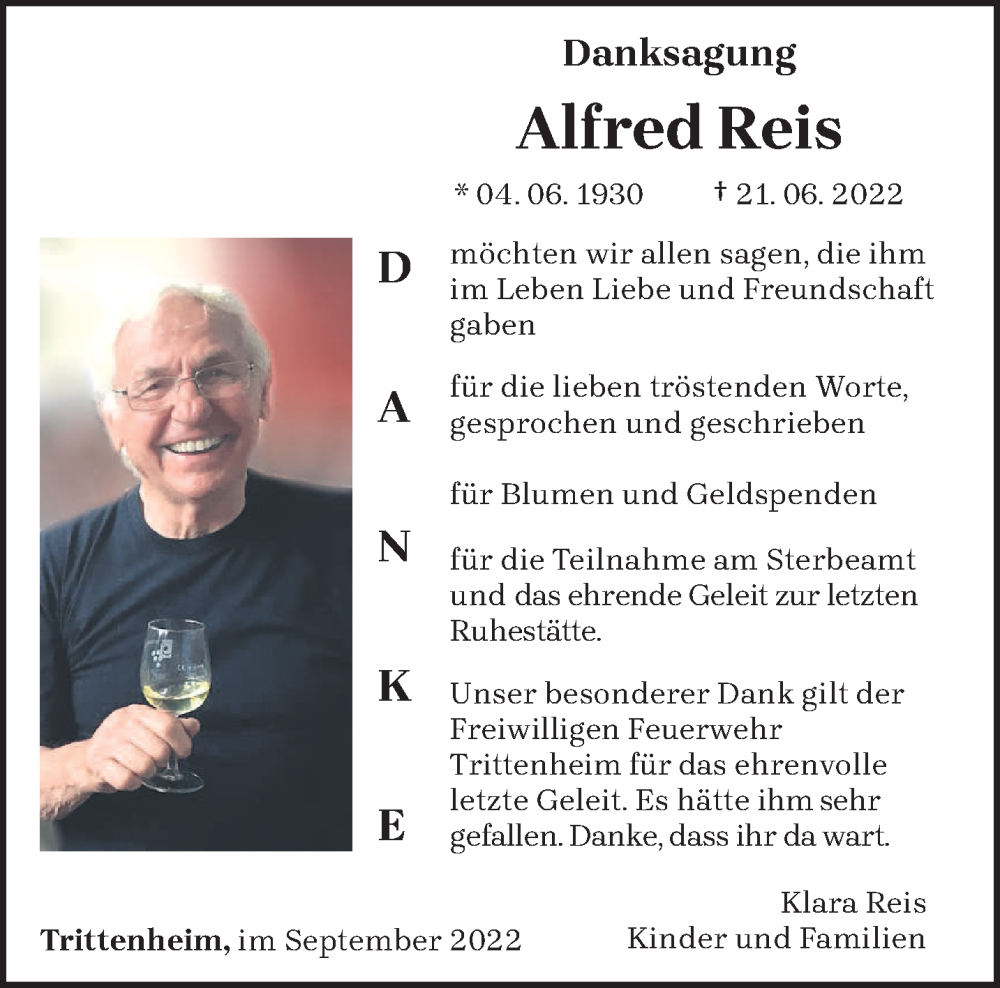  Traueranzeige für Alfred Reis vom 24.09.2022 aus trierischer_volksfreund