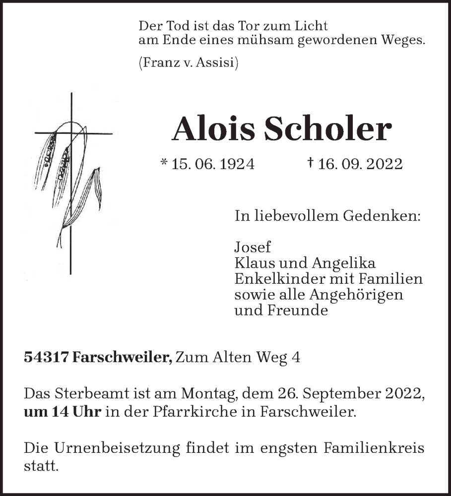  Traueranzeige für Alois Scholer vom 23.09.2022 aus trierischer_volksfreund