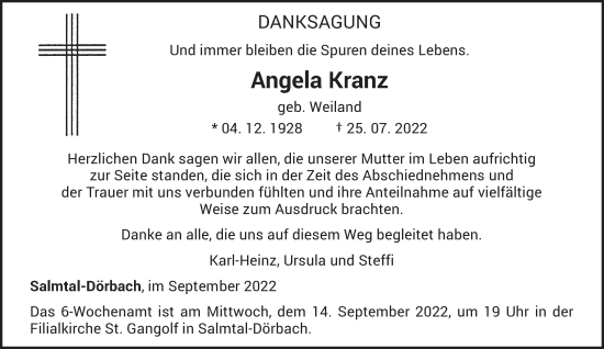 Traueranzeige von Angela Kranz von trierischer_volksfreund