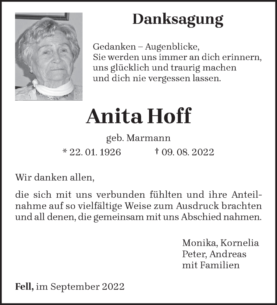 Traueranzeige für Anita Hoff vom 24.09.2022 aus trierischer_volksfreund