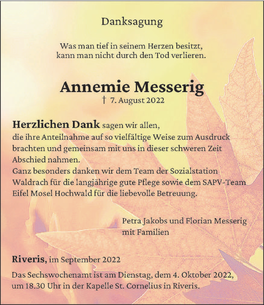  Traueranzeige für Annemie Messerig vom 28.09.2022 aus trierischer_volksfreund