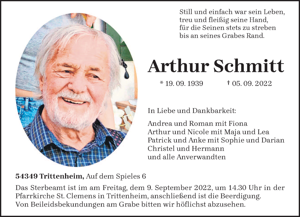  Traueranzeige für Arthur Schmitt vom 07.09.2022 aus trierischer_volksfreund