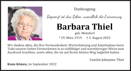 Traueranzeige von Barbara Thiel von trierischer_volksfreund