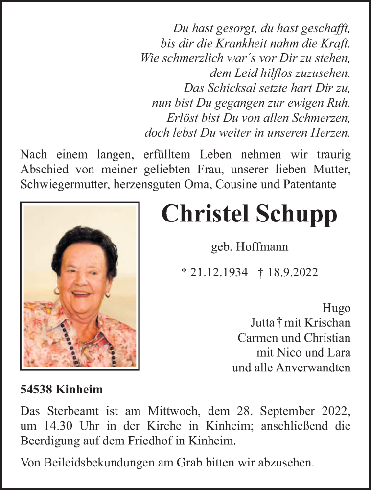  Traueranzeige für Christel Schupp vom 21.09.2022 aus trierischer_volksfreund