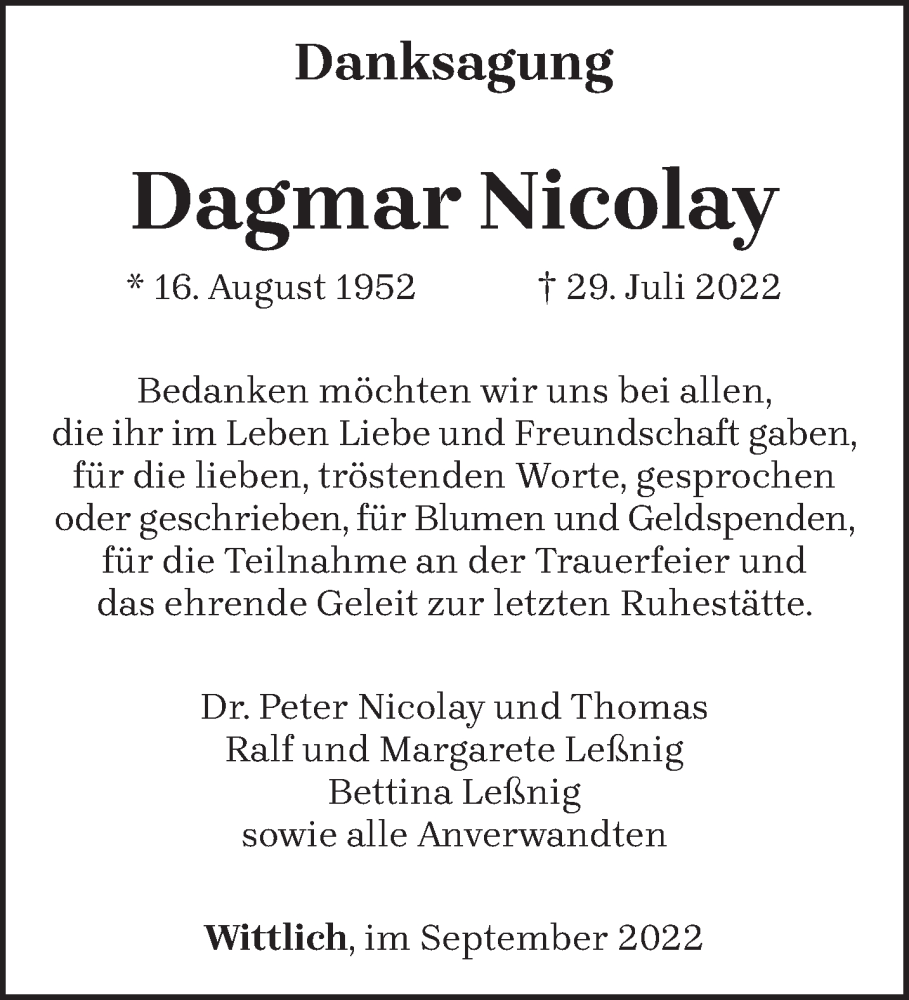  Traueranzeige für Dagmar Nicolay vom 03.09.2022 aus trierischer_volksfreund