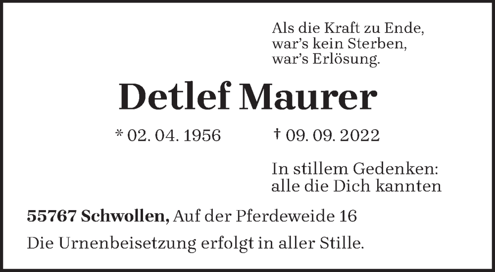 Traueranzeige für Detlef Maurer vom 28.09.2022 aus trierischer_volksfreund