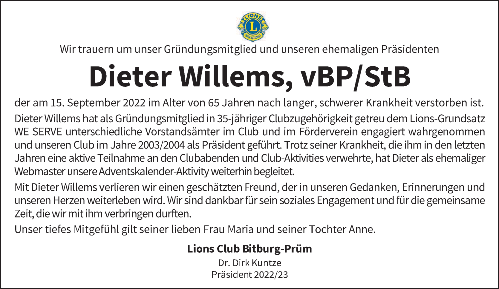  Traueranzeige für Dieter Willems vom 23.09.2022 aus trierischer_volksfreund